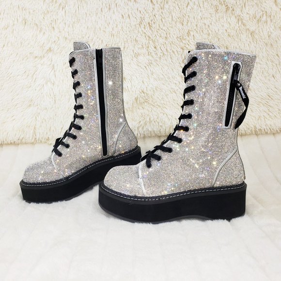 Super Sparkle Iridescent Rhinestone Platform Combat Mid Calf Boots 362 Emily - Picture 8 of 17